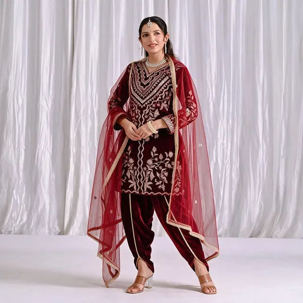 Deep_Maroon_Pure_Heavy_Viscose_Velvet_Dhoti_Salwar_Suit_Set_For_Women