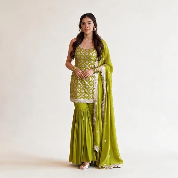 Lime_Green_Heavy_Faux_Georgette_Sharara_Set_For_Women