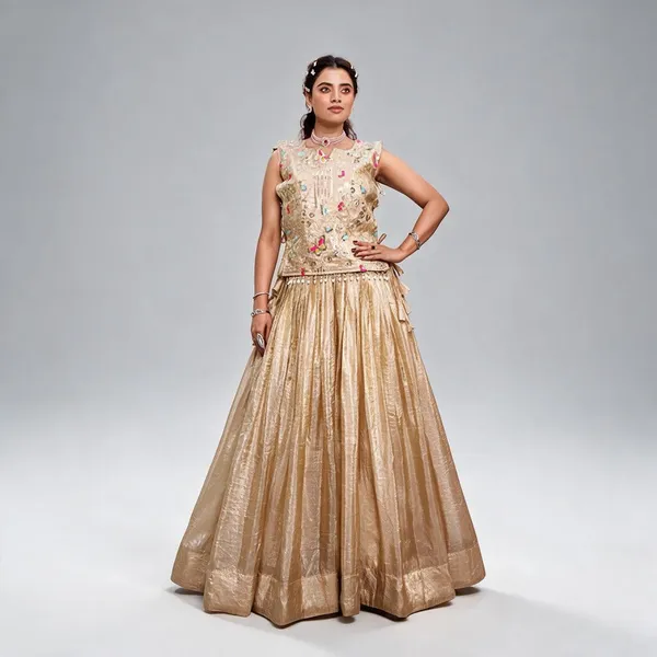 Beige_Pure_Gold_Crush_Lehenga_Choli_Set_For_Women
