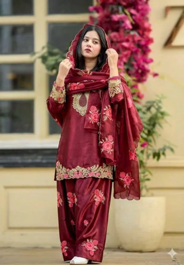 Maroon_Pure_Heavy_Viscose_Velvet,_Heavy_Butterfly_Net_Silk_Suit_Set_For_Women