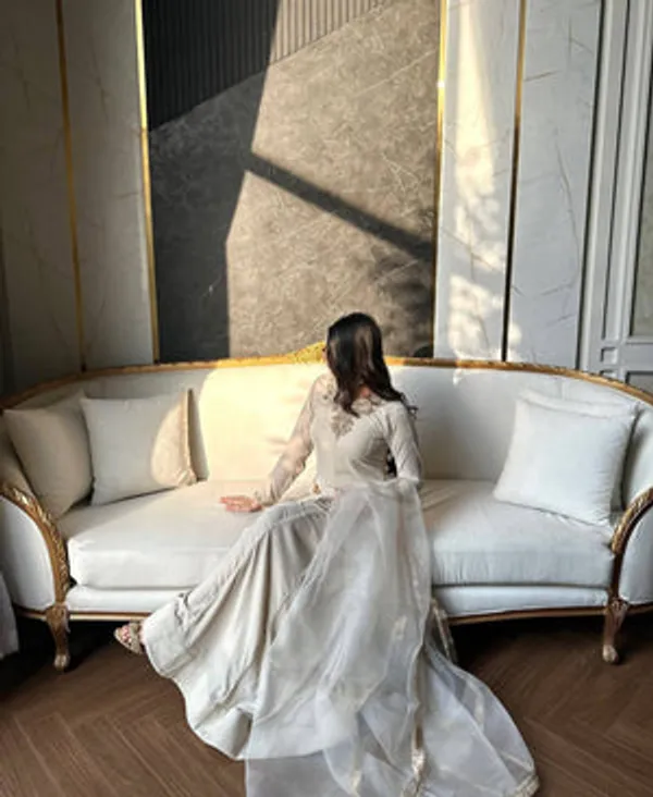 White_Korean_Satin_Silk,_Tabby_Organza_Sharara_Set_For_Women
