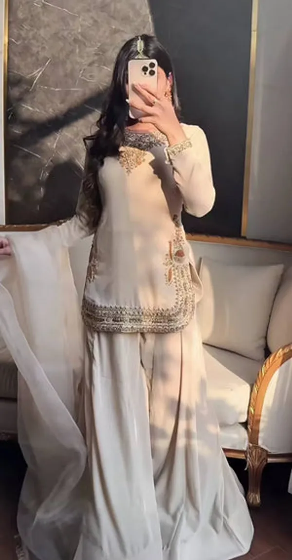 White_Korean_Satin_Silk,_Tabby_Organza_Sharara_Set_For_Women