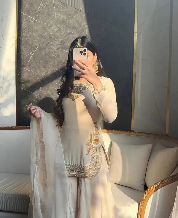 White_Korean_Satin_Silk,_Tabby_Organza_Sharara_Set_For_Women