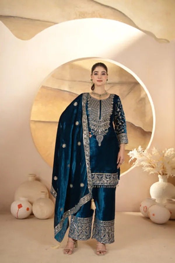 Blue_Pure_Heavy_Viscose_Velvet_Kurti_Palazzo_Set_For_Women
