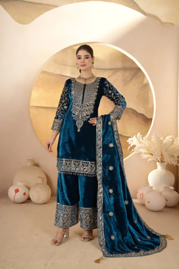 Blue_Pure_Heavy_Viscose_Velvet_Kurti_Palazzo_Set_For_Women