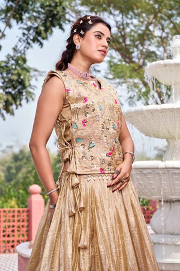 Beige_Pure_Gold_Crush_Lehenga_Choli_Set_For_Women
