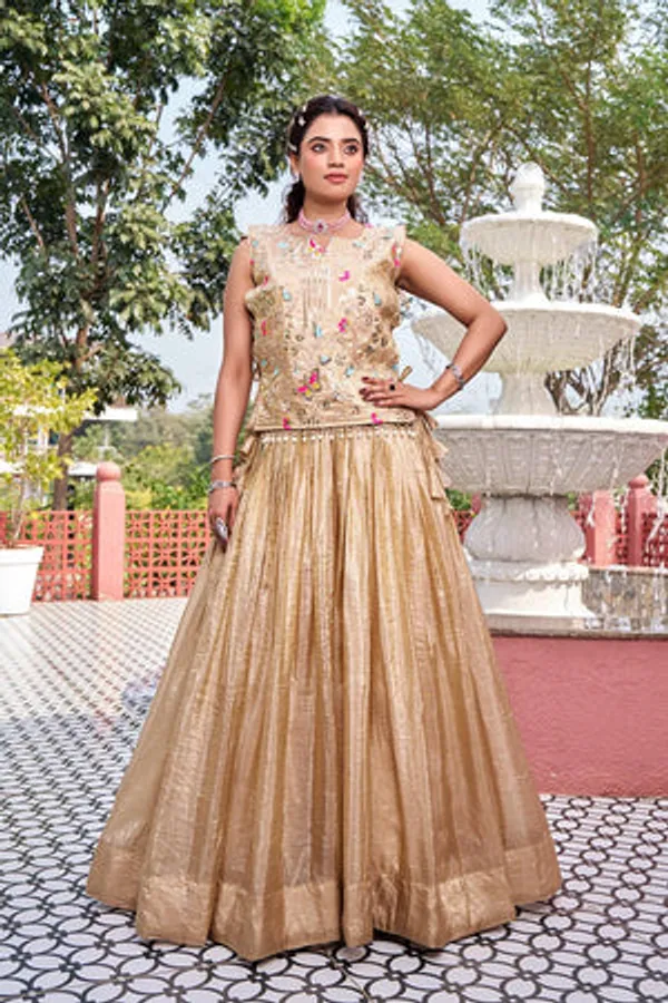 Beige_Pure_Gold_Crush_Lehenga_Choli_Set_For_Women