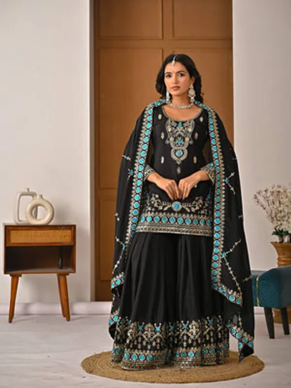 Black_Vichitra_Silk_Sharara_Suit_Set_For_Women