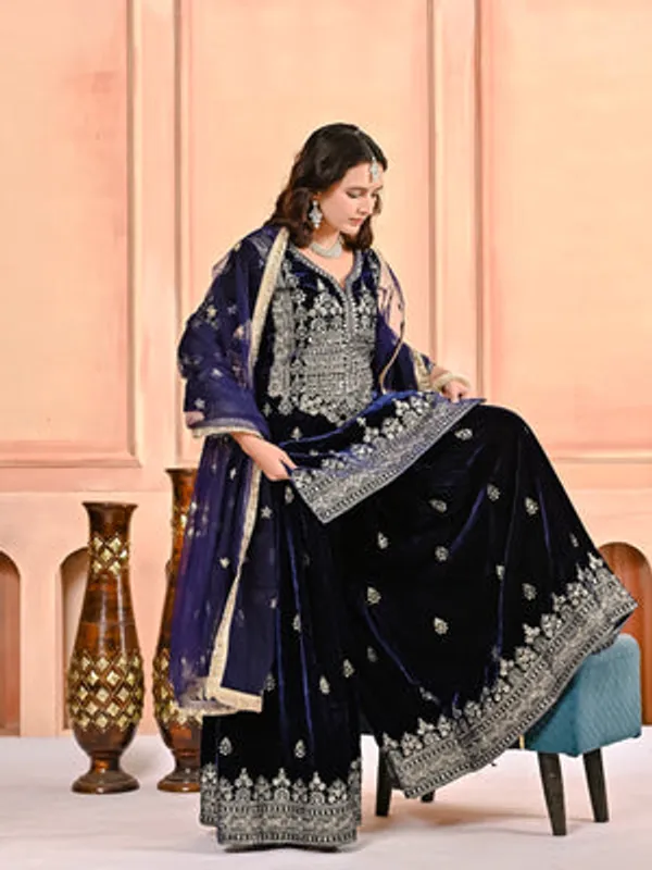 Midnight_Blue_Heavy_Vichitra_Silk_Sharara_Set_For_Women