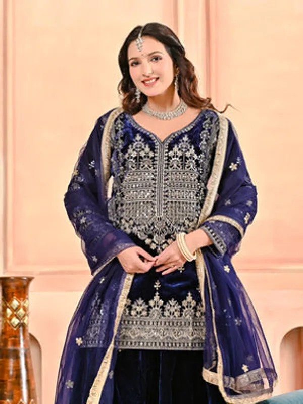 Midnight_Blue_Heavy_Vichitra_Silk_Sharara_Set_For_Women