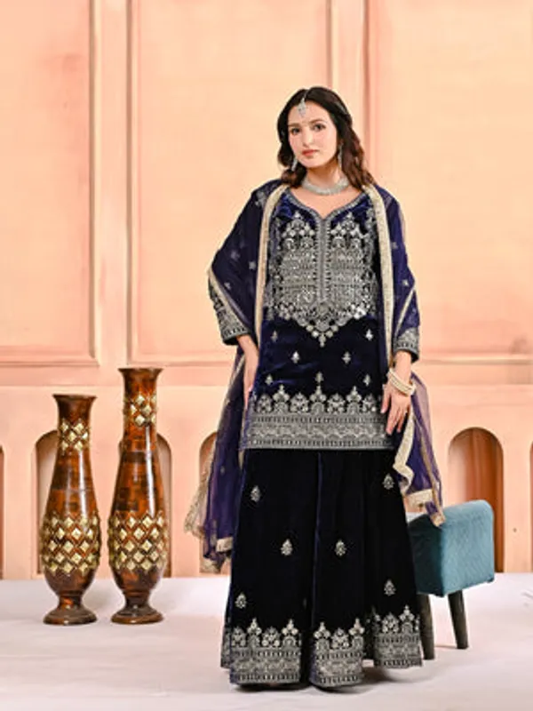 Midnight_Blue_Heavy_Vichitra_Silk_Sharara_Set_For_Women
