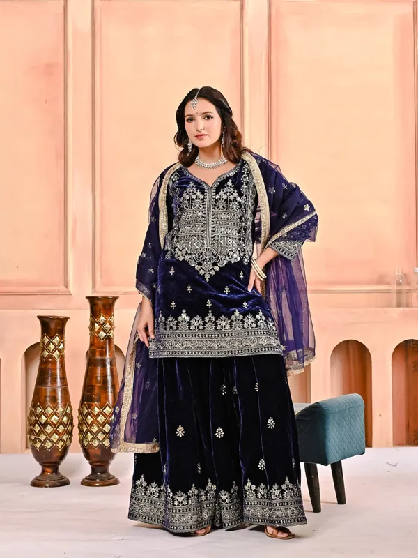 Midnight_Blue_Heavy_Vichitra_Silk_Sharara_Set_For_Women