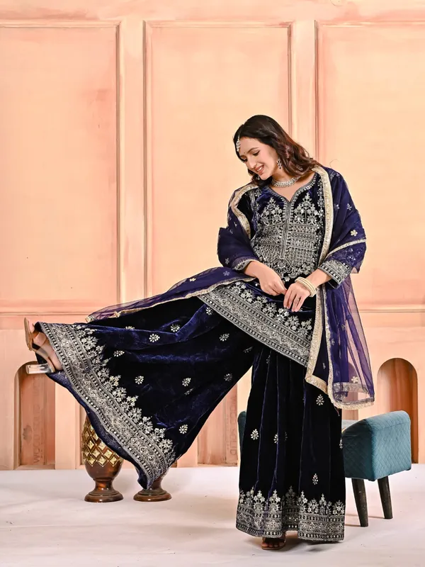 Midnight_Blue_Heavy_Vichitra_Silk_Sharara_Set_For_Women