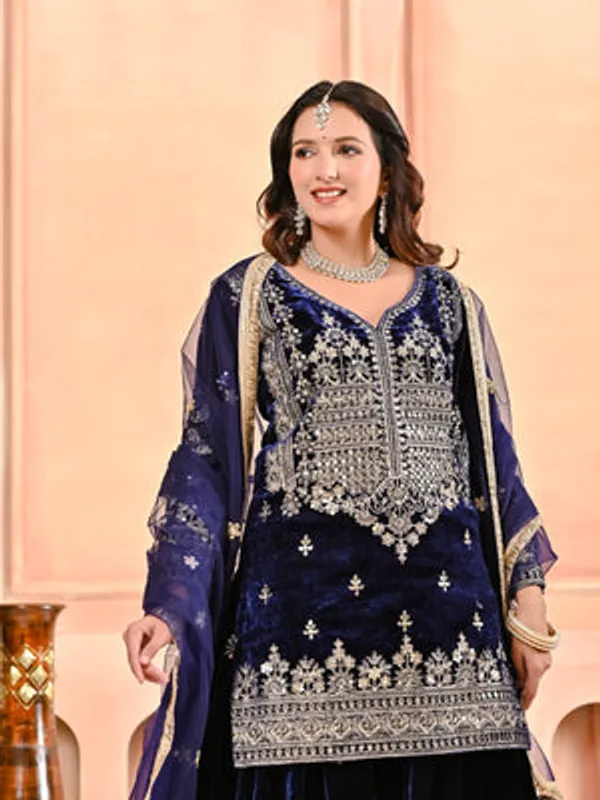Midnight_Blue_Heavy_Vichitra_Silk_Sharara_Set_For_Women