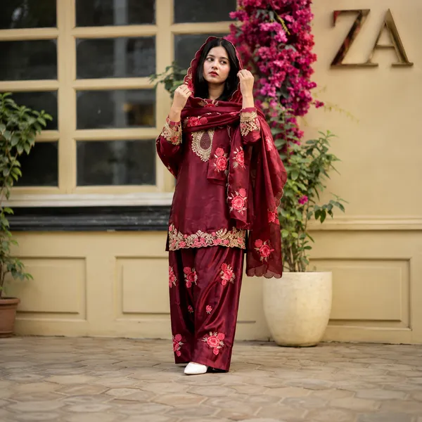 Maroon_Pure_Heavy_Viscose_Velvet,_Heavy_Butterfly_Net_Silk_Suit_Set_For_Women