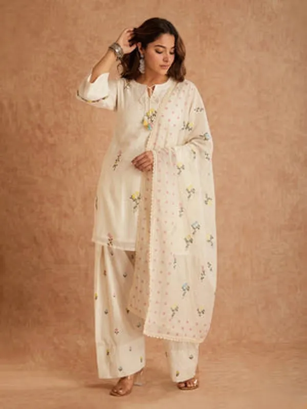 White_Heavy_Roman_Silk,_Heavy_Faux_Georgette_Suit_Set_For_Women
