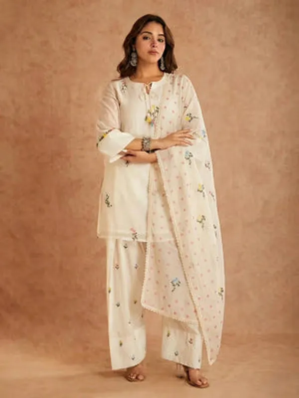 White_Heavy_Roman_Silk,_Heavy_Faux_Georgette_Suit_Set_For_Women