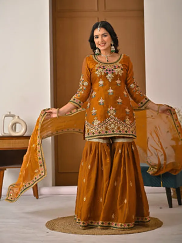 Yellow_Heavy_Fancy_Silk_Kurti_Sharara_Set_For_Women