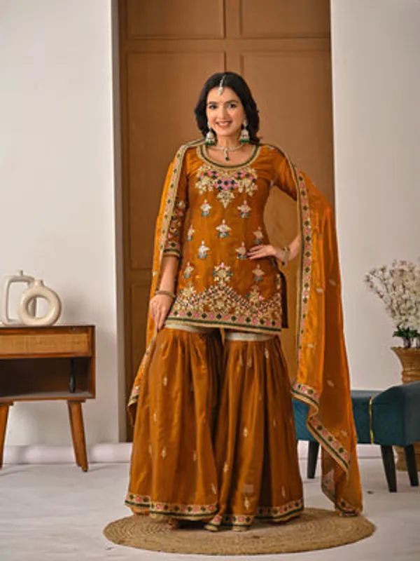 Yellow_Heavy_Fancy_Silk_Kurti_Sharara_Set_For_Women