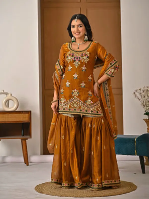 Yellow_Heavy_Fancy_Silk_Kurti_Sharara_Set_For_Women