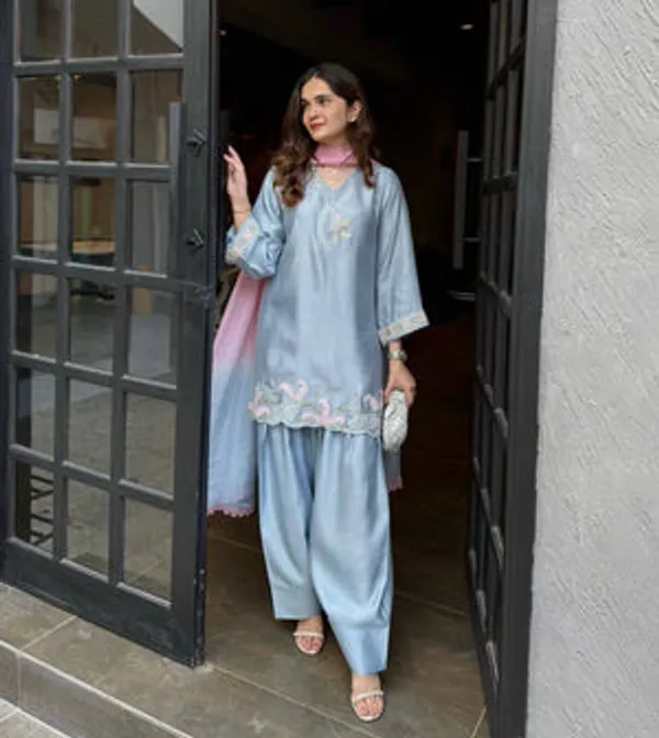 Sky_Blue_Pure_Cotton_Silk,_Heavy_Pure_Tabby_Organza_Silk_Kurti_Palazzo_Set_For_Women