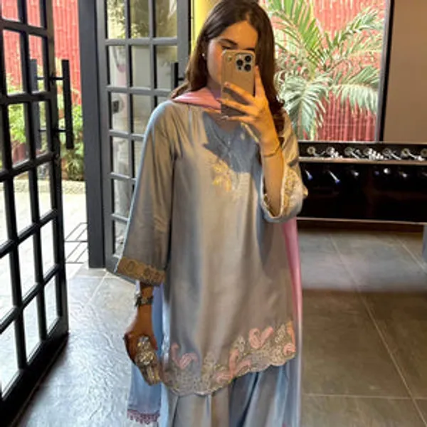 Sky_Blue_Pure_Cotton_Silk,_Heavy_Pure_Tabby_Organza_Silk_Kurti_Palazzo_Set_For_Women