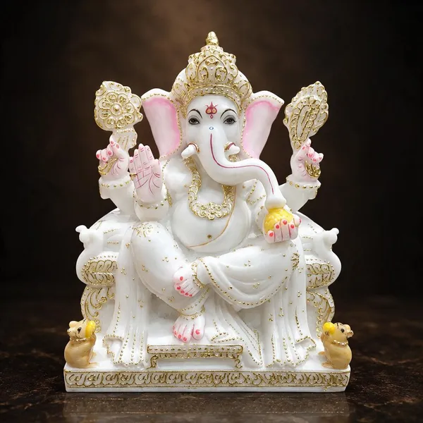 5_Inch_Chauki_Ganesh_Marble_Dust_Idol_White_&_Gold