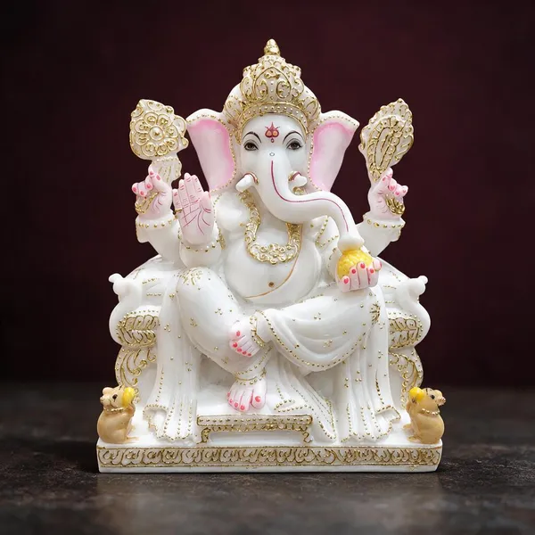 5_Inch_Chauki_Ganesh_Marble_Dust_Idol_White_&_Gold