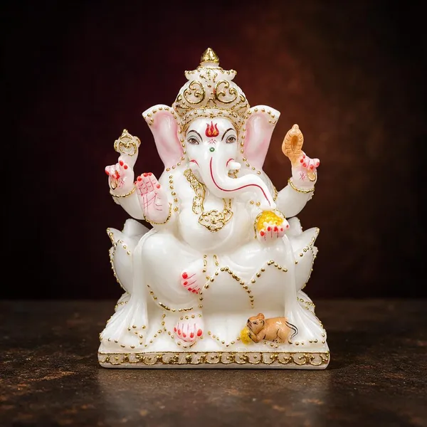 5_Inch_Kamal_Ganesh_Marble_Dust_Idol_White_&_Gold