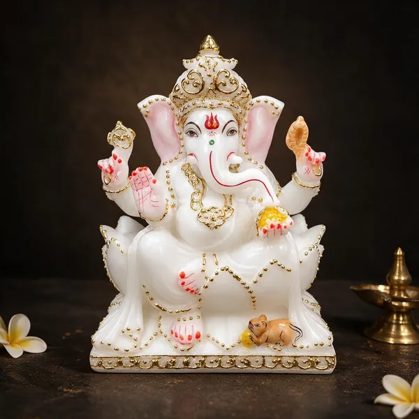 5_Inch_Kamal_Ganesh_Marble_Dust_Idol_White_&_Gold