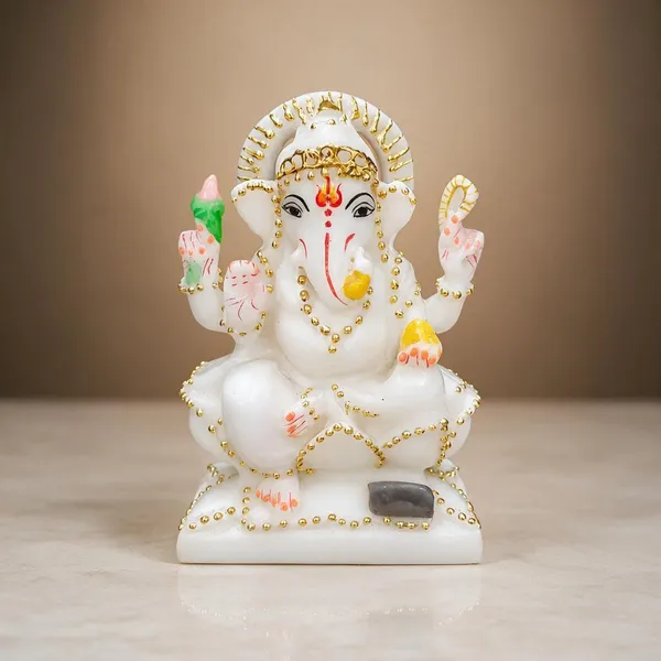 5_Inch_Kamal_Ganesh_Marble_Dust_Idol_White_&_Gold