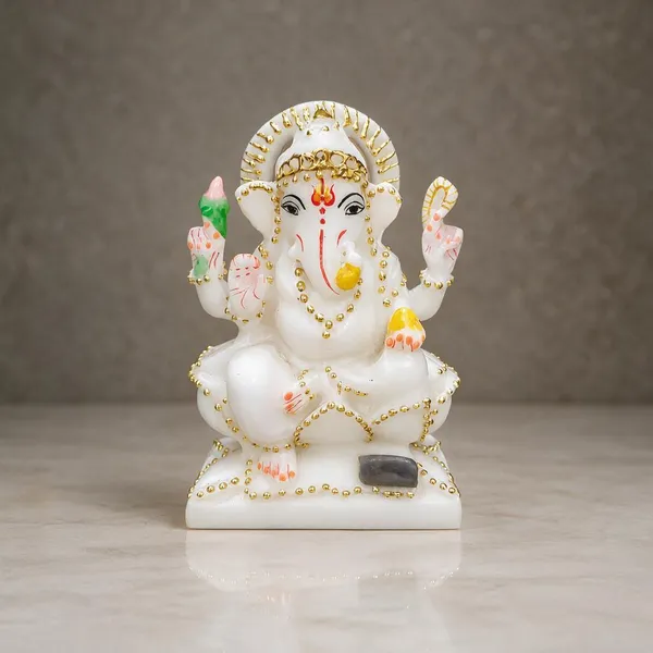 5_Inch_Kamal_Ganesh_Marble_Dust_Idol_White_&_Gold