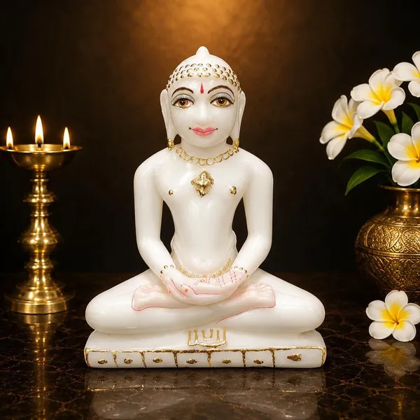5_Inch_Mahaveer_Ji_Marble_Dust_Idol_White_&_Gold