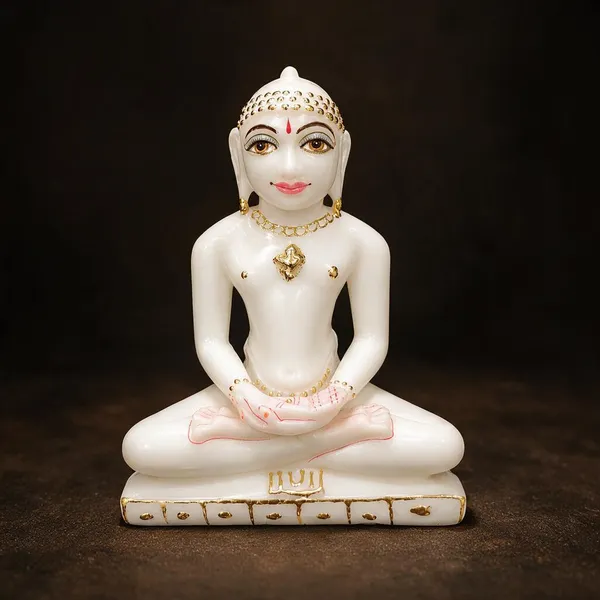 5_Inch_Mahaveer_Ji_Marble_Dust_Idol_White_&_Gold