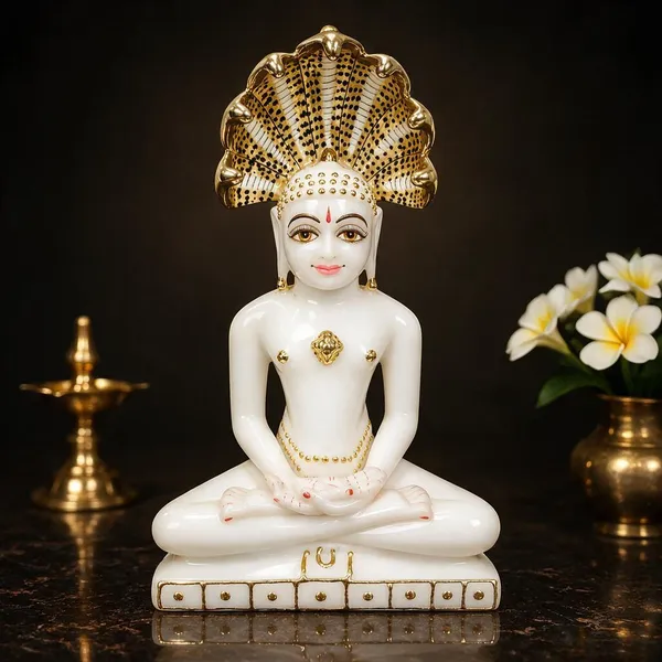 5_Inch_Parshwanath_Ji_Marble_Dust_Idol_White_&_Gold