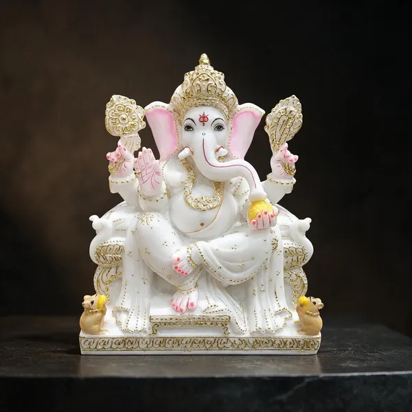 7_Inch_Chauki_Ganesh_Marble_Dust_Idol_White_&_Gold