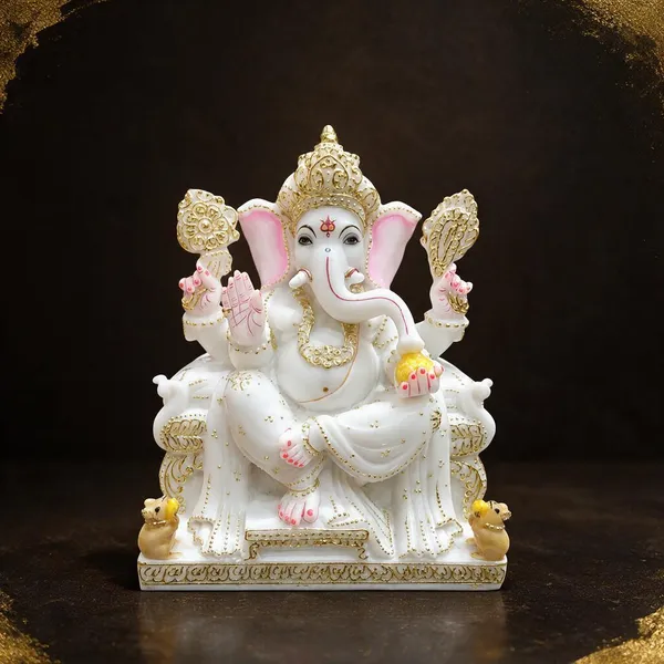 7_Inch_Chauki_Ganesh_Marble_Dust_Idol_White_&_Gold