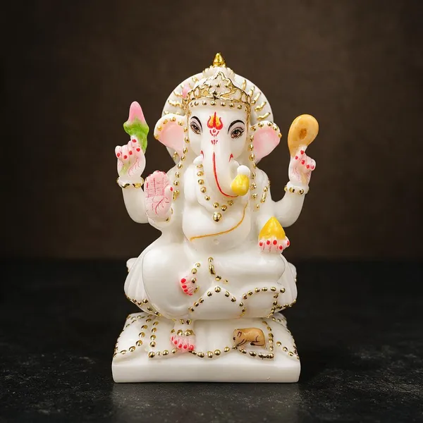 7_Inch_Kamal_Ganesh_Marble_Dust_Idol_White_&_Gold
