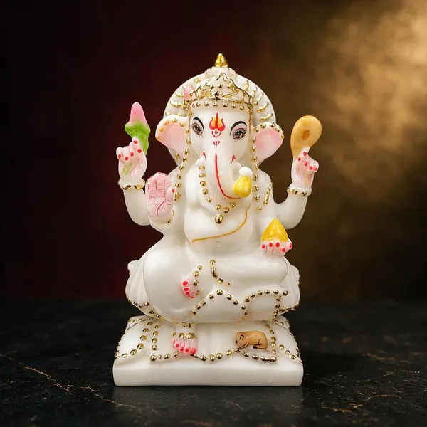 7_Inch_Kamal_Ganesh_Marble_Dust_Idol_White_&_Gold