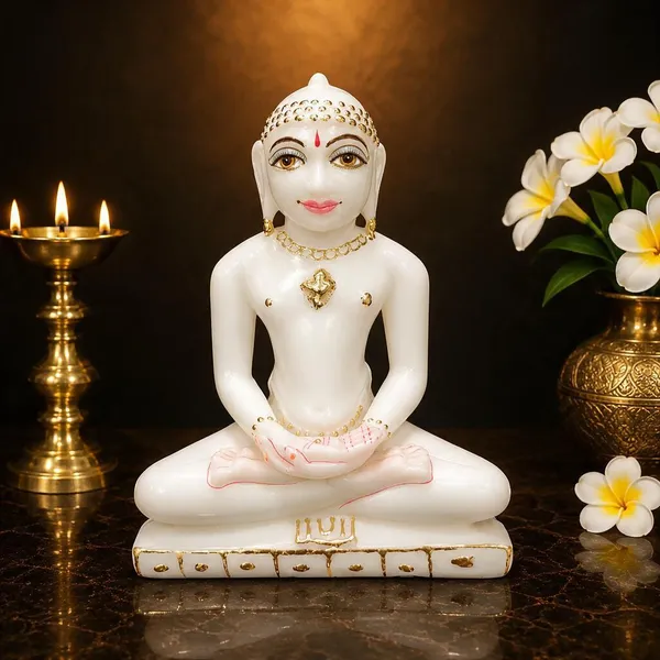 7_Inch_Mahaveer_Ji_Marble_Dust_Idol_White_&_Gold