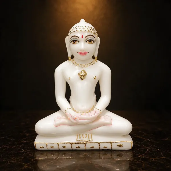 7_Inch_Mahaveer_Ji_Marble_Dust_Idol_White_&_Gold