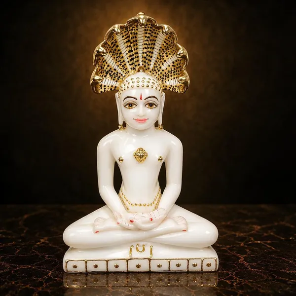 7_Inch_Parshwanath_Ji_Marble_Dust_Idol_White_&_Gold
