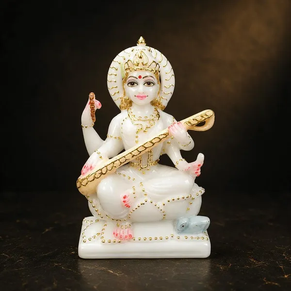 7_Inch_Saraswati_Marble_Dust_Idol_White_&_Gold