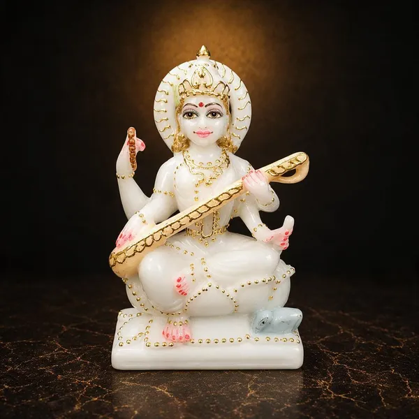 7_Inch_Saraswati_Marble_Dust_Idol_White_&_Gold