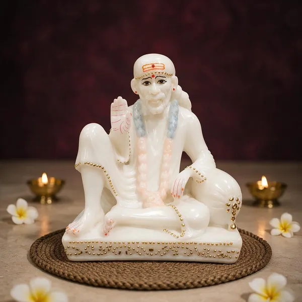 7_Inch_Sai_Baba_Marble_Dust_Idol_White_&_Gold