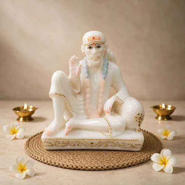 7_Inch_Sai_Baba_Marble_Dust_Idol_White_&_Gold