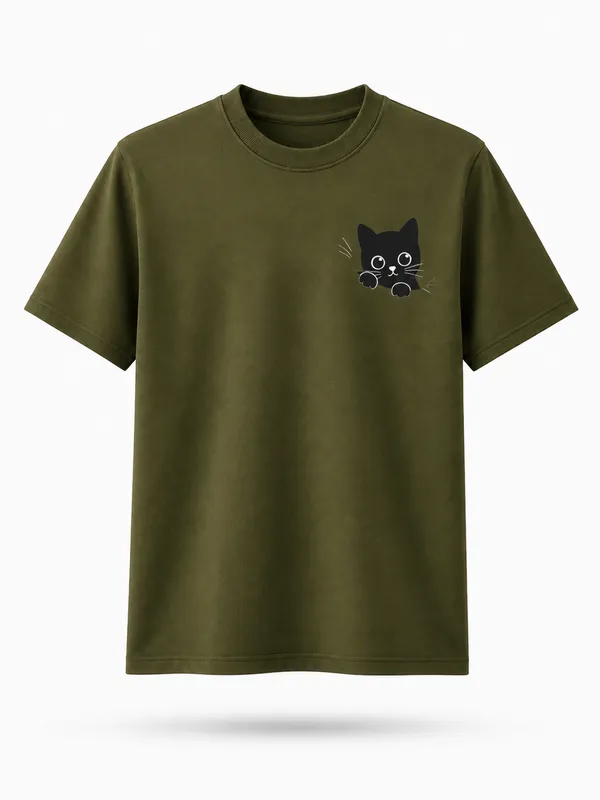Olive_Green_Cotton_Blend_Regular_Fit_Cat_Graphic_Oversized_T-Shirt_For_Men