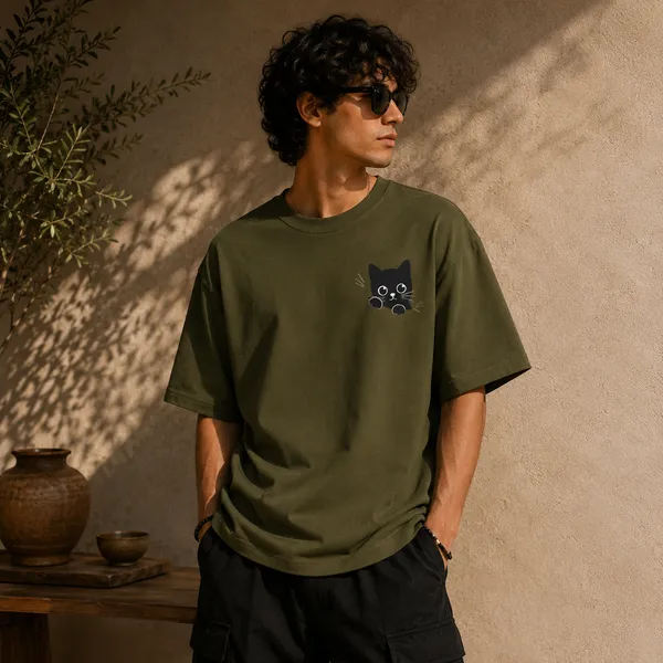 Olive_Green_Cotton_Blend_Regular_Fit_Cat_Graphic_Oversized_T-Shirt_For_Men