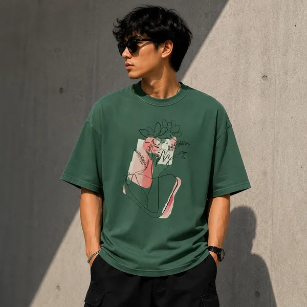 Teal_Green_Cotton_Blend_Regular_Fit_Floral_Graphic_Oversized_T-Shirt_For_Men