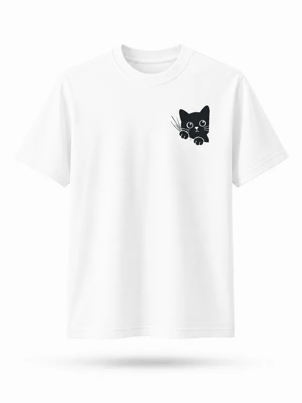 White_Cotton_Blend_Regular_Fit_Cat_Graphic_Oversized_T-Shirt_For_Men